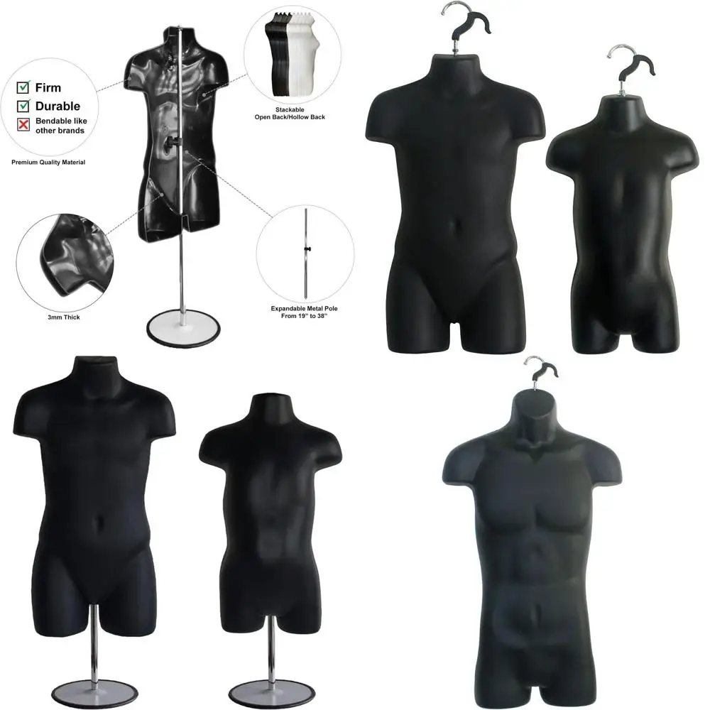 

Универсальный набор из 4 манекенов: мужской, женский, детский, для малышей, с металлическими подставками для демонстрации одежды на бедрах, для длинных изделий, для демонстрации футболок, размеры S-M