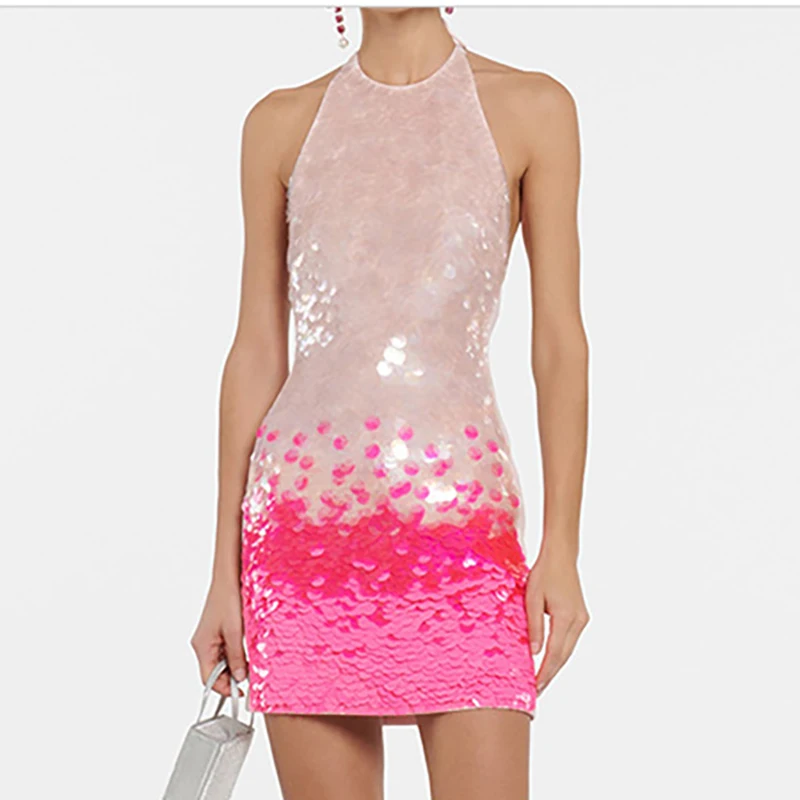 Chic Ladies Halter Neck Sequined Short Dress Fashion Gradient Color Sheer Mesh Slim Fit Bodycon Dress Elegant Sleeveless Dresses
