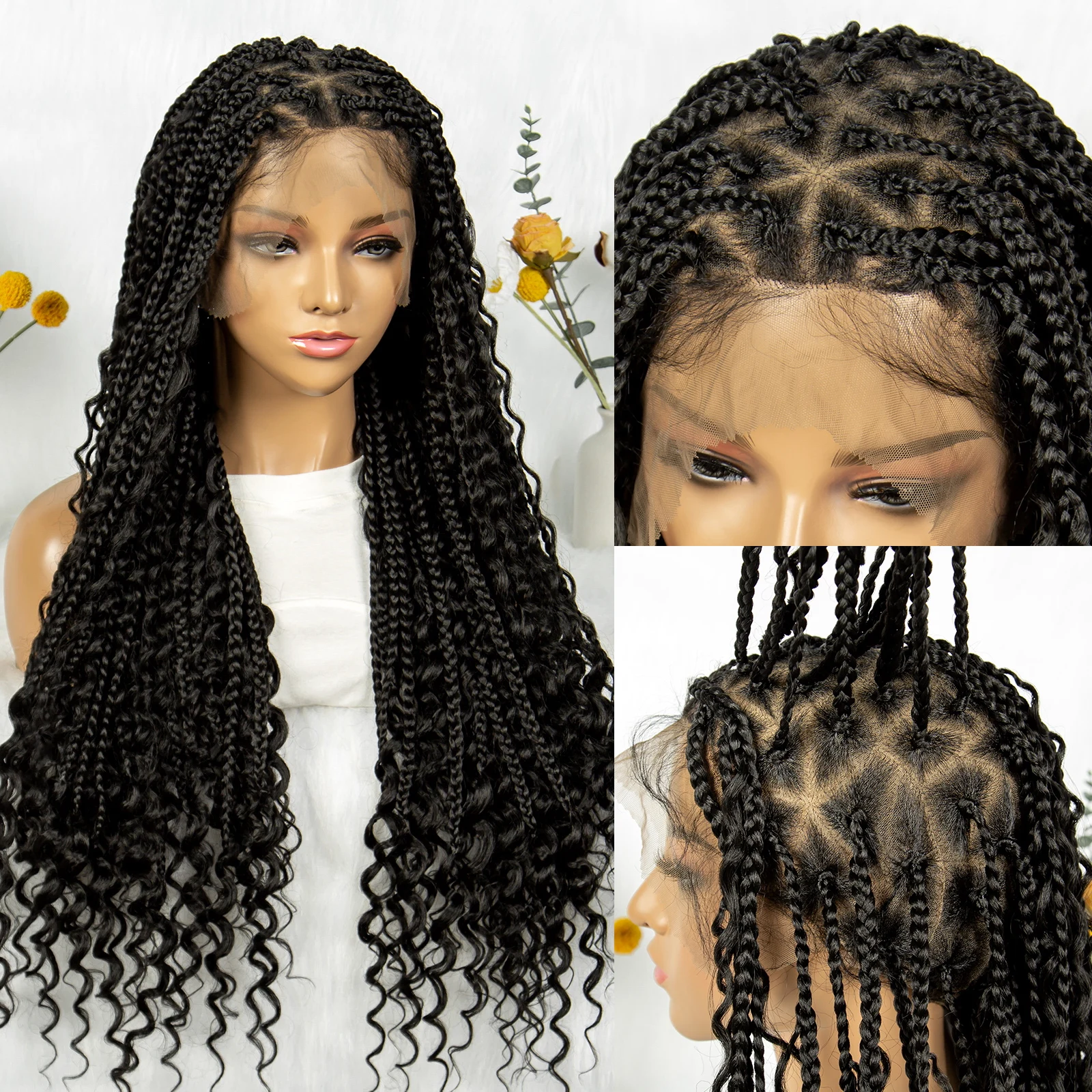 Kima Boho Braided Wig Bohemian Box Braids Wig Synthetic Full Lace Wigs Triangle Goddess Braids Curly End with Baby Hair