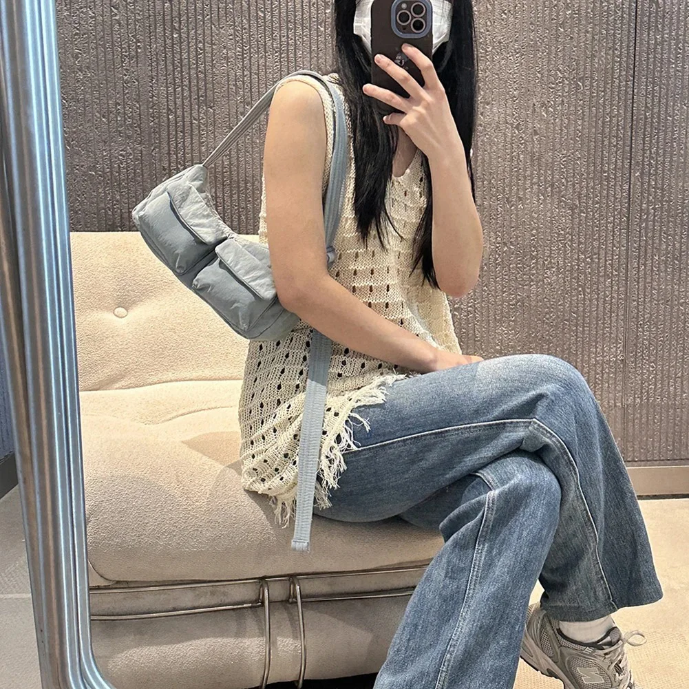 Women Casual Shoulder Bag Solid Color Simple Messenger Hobos Large Capacity Nylon Crossbody Zipper Closure for Party Vacation