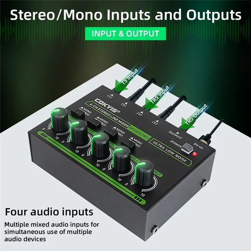 4 Channel Low Noise Stereo Line Mixer Mini Professional Sound Mixer with RGB DC5V Audio Processor for Guitar Bass Keyboard Stage