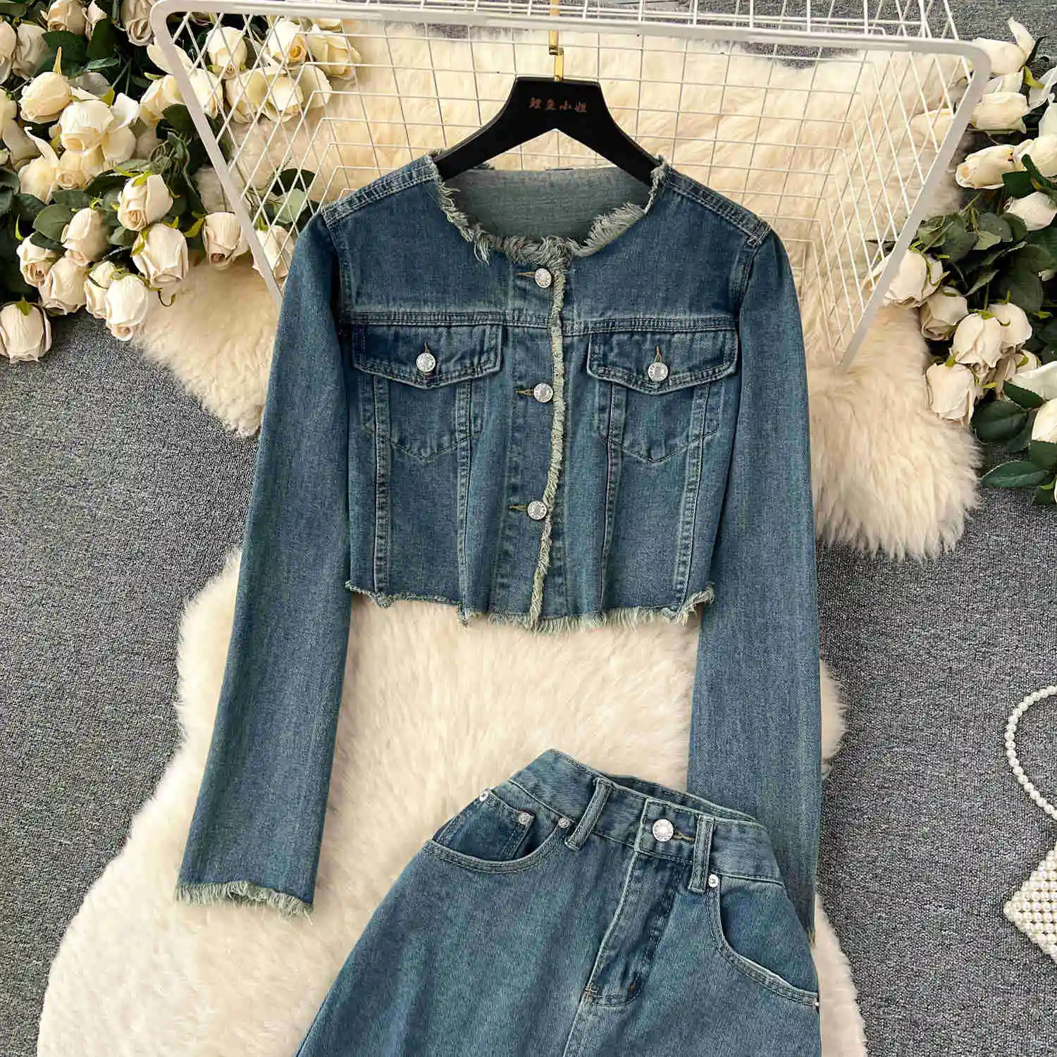 Fashion Women Vintage Denim 2 Pieces Set Tassels O Neck Long Sleeve Buttons Jeans Jacket And High Waist A Line Long Skirt Suits