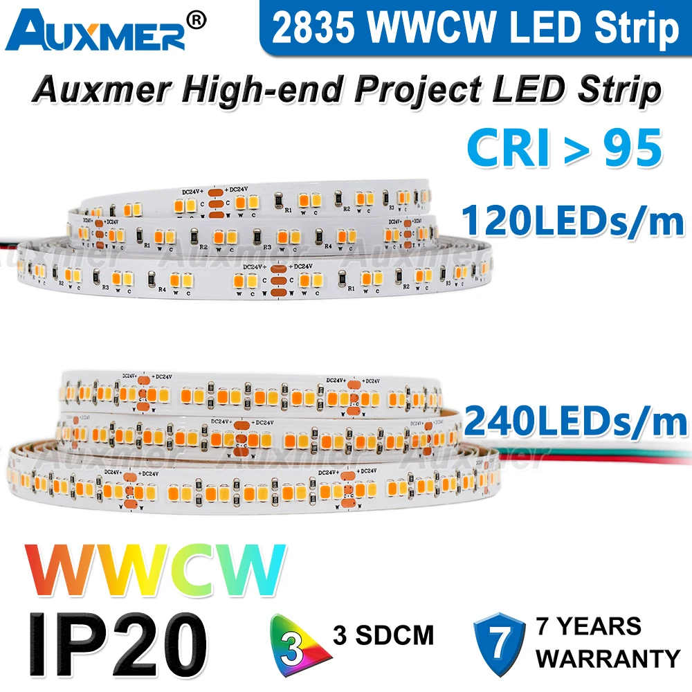 Auxmer 2835 WWCW LED diody na wstążce, 120LEDs/m 240 diod LED/m,CRI>95 Super Bright Flex LED DC12/24V,5m/rolka, CCT 2400 ~ 6500K,IP20,3SDCM