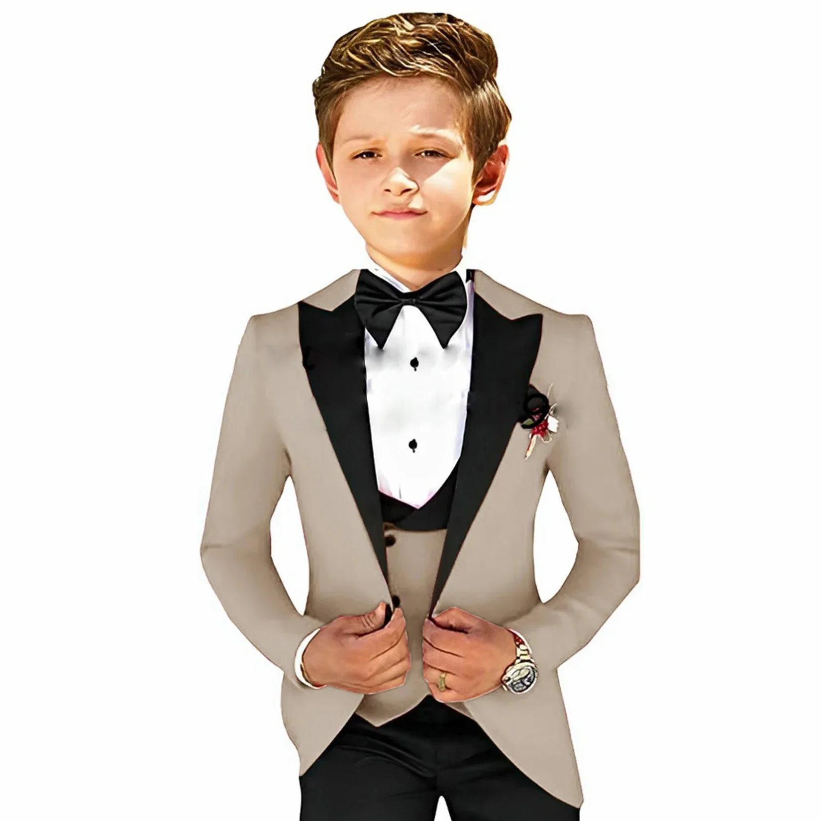 Formale rosa Jungen Anzug Jacke Hosen Weste 3 Stück Hochzeit Smoking für Kinder Peaked Revers Blazer Set Mode Kleidung Kind