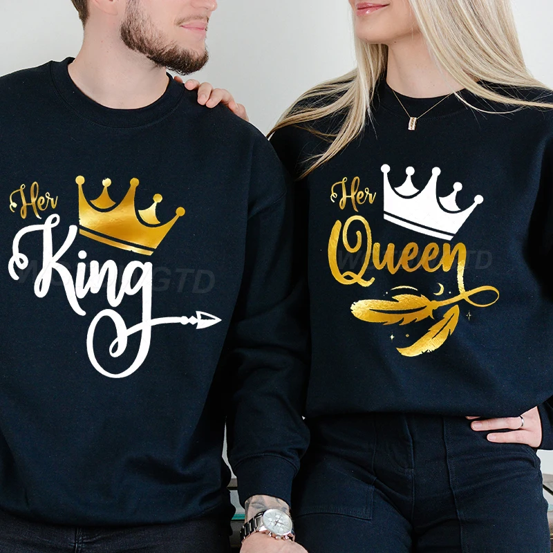 

2026 Crown "King&Queen" Print Couple Fashion Streetwear Women Men Long Sleeve Pullover Vintage Classic Crewneck Lover Sweatshirt