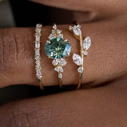 European and American light luxury floral bracelet with green zircon inlay women's three piece ring set