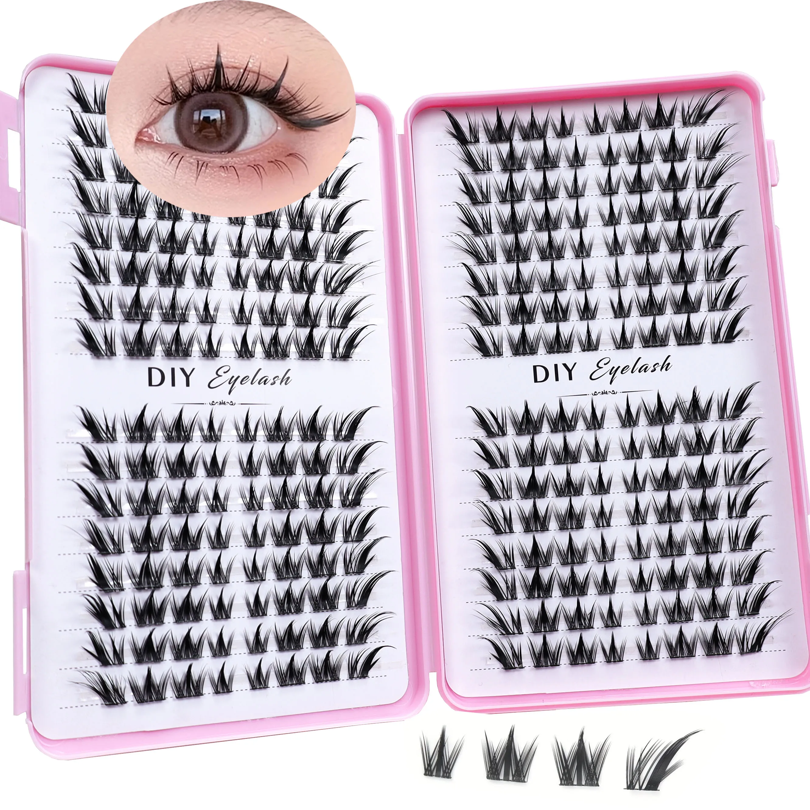 Eyelash extension set, 3 boxes of clustered eyelashes, including eyelash glue and eyelash removal and tweezers, thick and fluffy