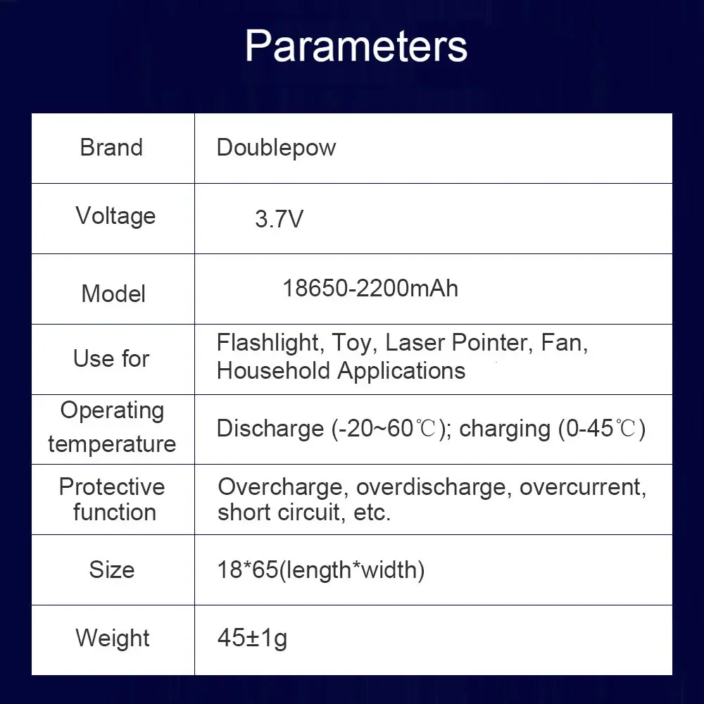 Doublepower 18650 3.7V 2200mAh rechargeable lithium battery flashlight laser pointer remote control electronic toy Real capacity