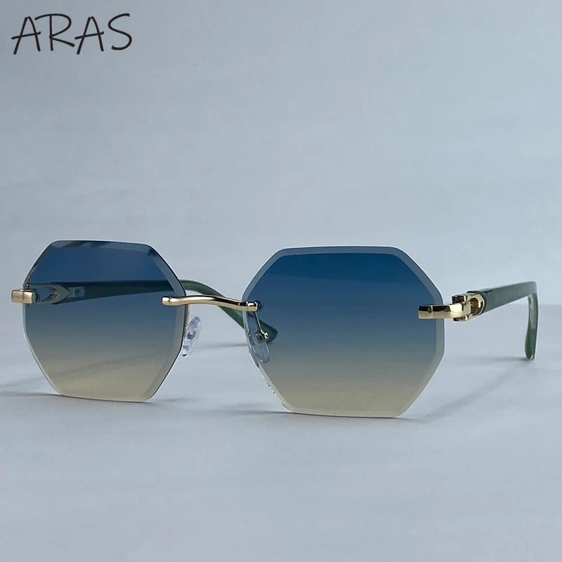 Modische randlose quadratische Sonnenbrille für Damen 2026 – Luxusmarke, sechseckiger Metallrahmen, trendige Outdoor-Sonnenbrille für Frauen – Detail 2