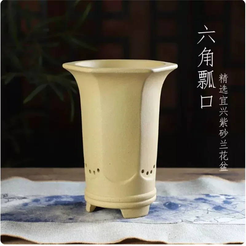 Hexagon Cascade Ceramic Bonsai Pot, Cymbidium Pot, Purple Sand, Four Color, Flower Planting Vase, Small Cascade Pot, Home Decora