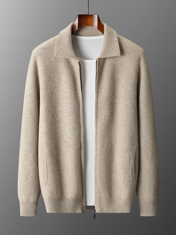 

New autumn and winter pure cashmere cardigan men's lapel zipper knitted jacket sweater jacket loose casual top