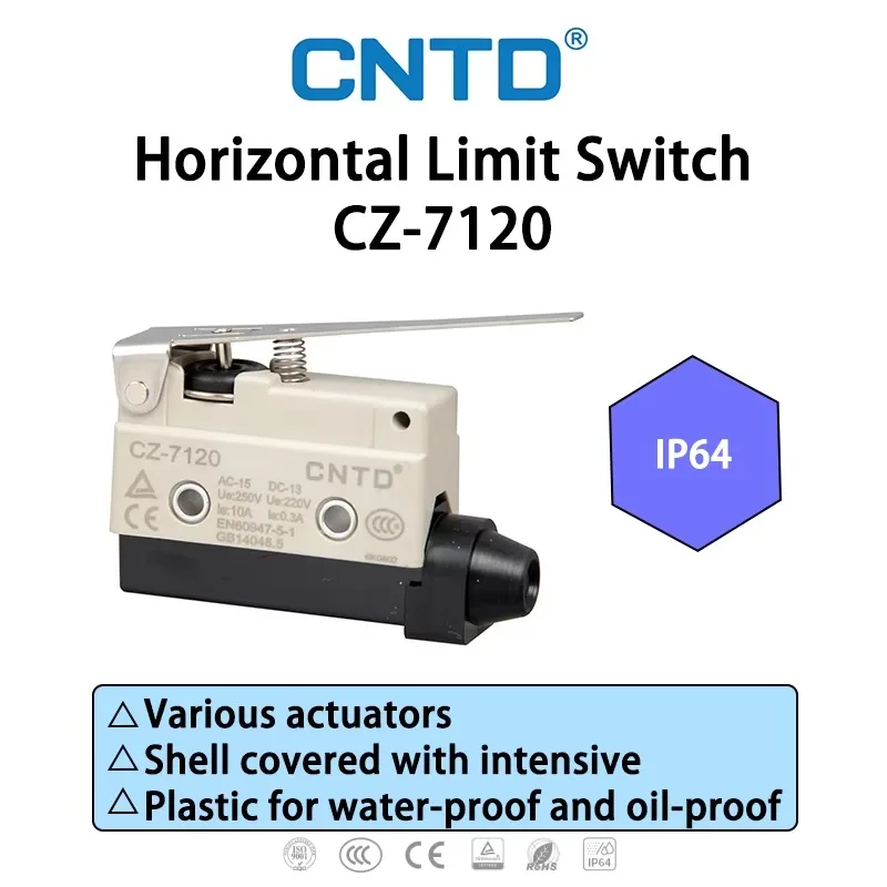 CNTD CZ-7120 High Mechanical Strength IP64 Intensive Plastic Shell 10A 250V Long Platen Type Horizontal Limit Switch Screw