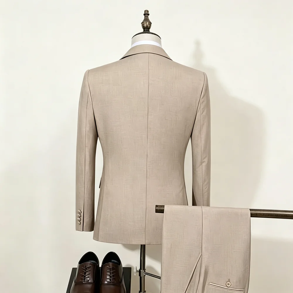 Men Slim Fit Suit 2 Pieces Peak Lapel Asymmetric Covered Buttons Linen Texture Wedding Business Blazer Pants Set For Groomsmen