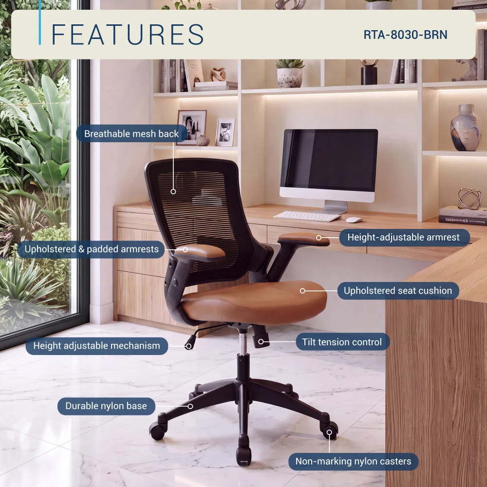 Adjustable Office Chair，Mid-Back Mesh Task Office Chair with Height Adjustable Arms, Brown