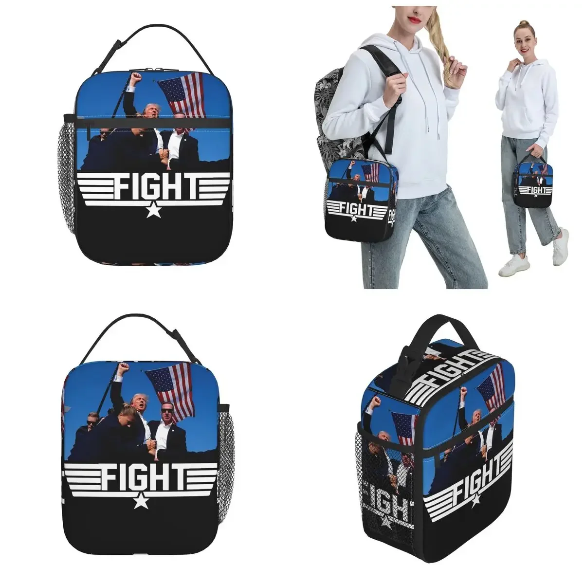 Insulated Lunch Bags 2024 Trump Fight For America Accessories Trump Shot Meme Food Box Ins Style Cooler Thermal Bento Box