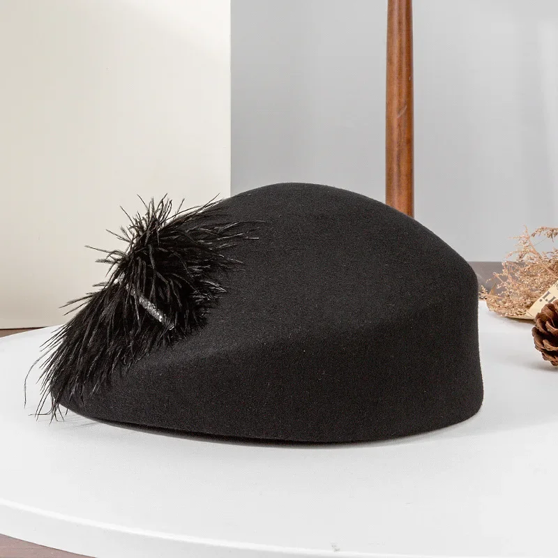 2024 new high-end fashion French ostrich wool inlaid with rhinestone wool beret Exquisite and elegant women\'s banquet hat