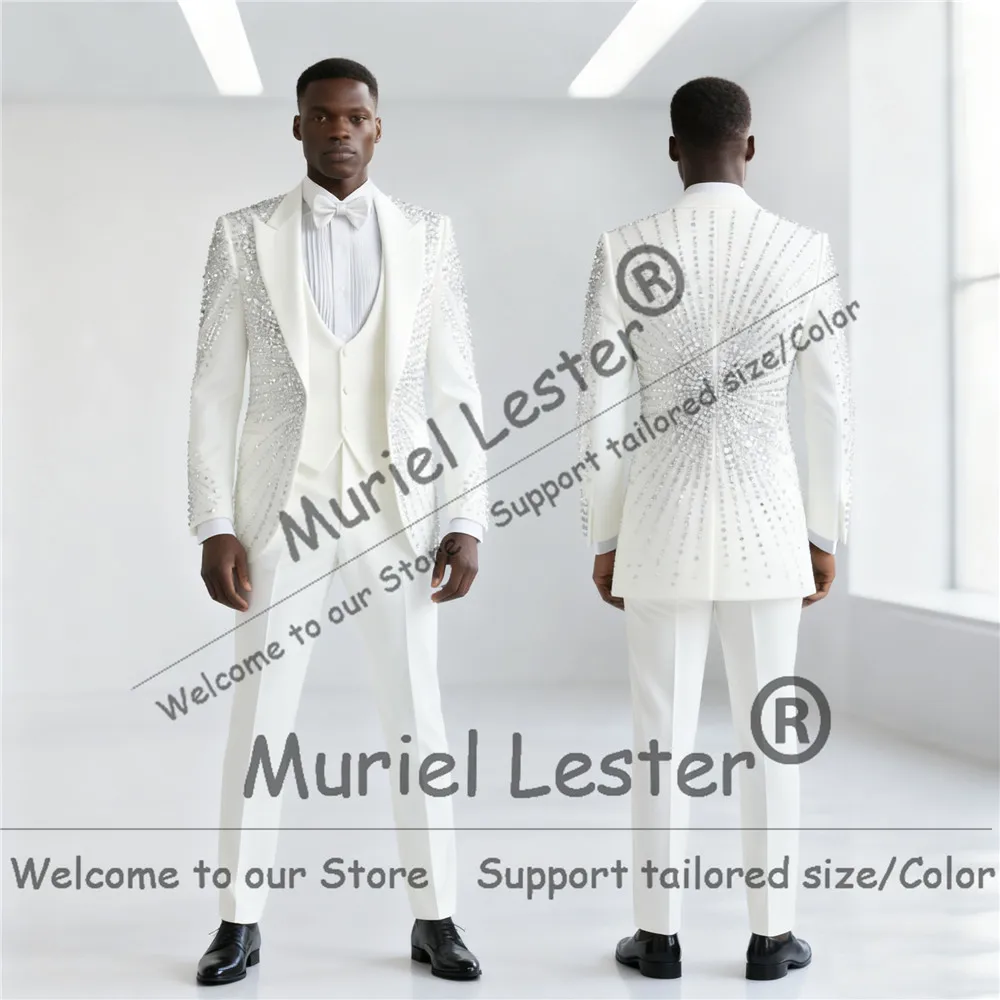 

Male Fashion Beaded Stones Wedding Groom Tuxedo Suits Slim Fit 3 Pieces Sets Groom Prom Blazers Man Business Outfits Customized