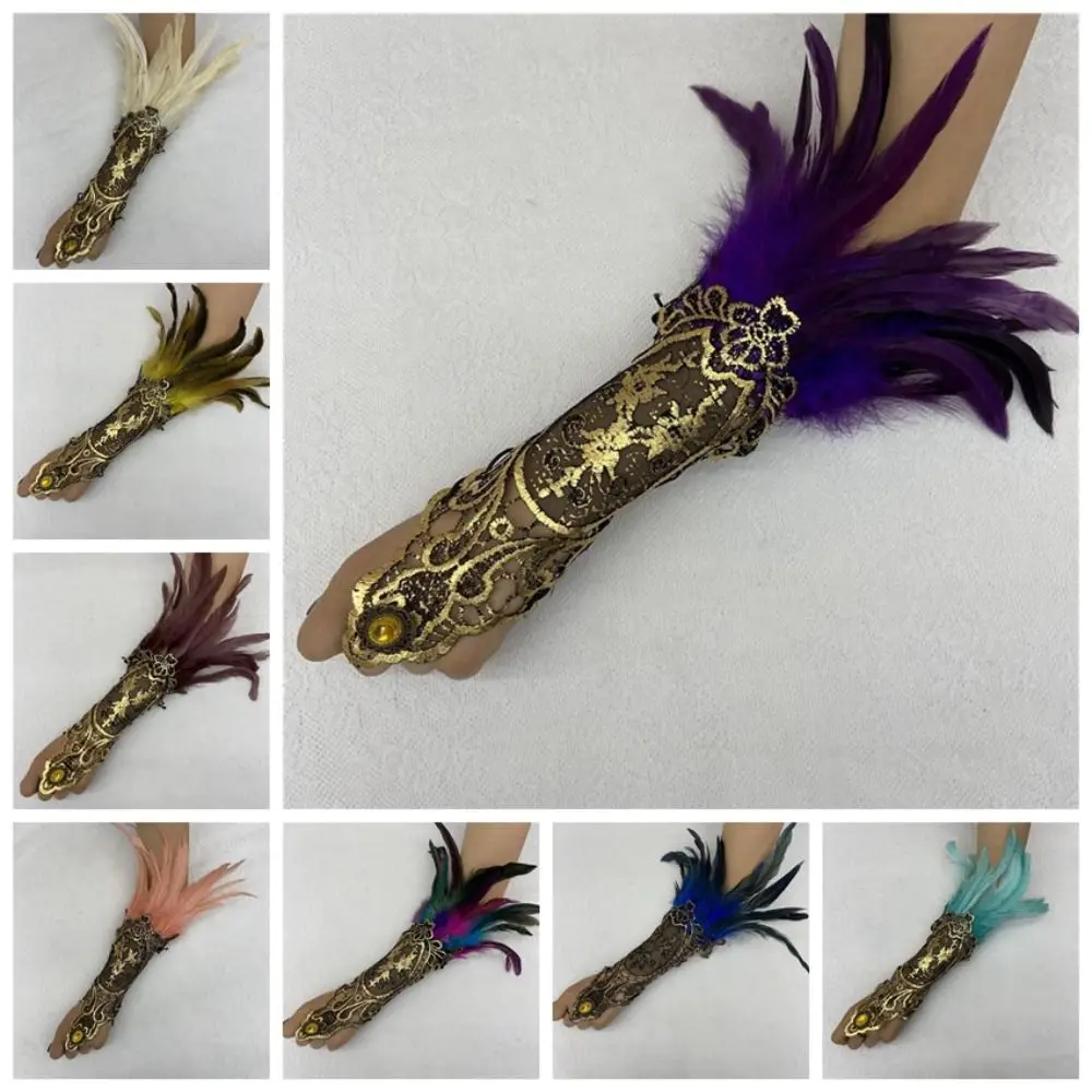 Witch Halloween Feather Gloves Retro Embroidery Women Feather Lace Glove Dark Halloween Halloween Wristband Festival