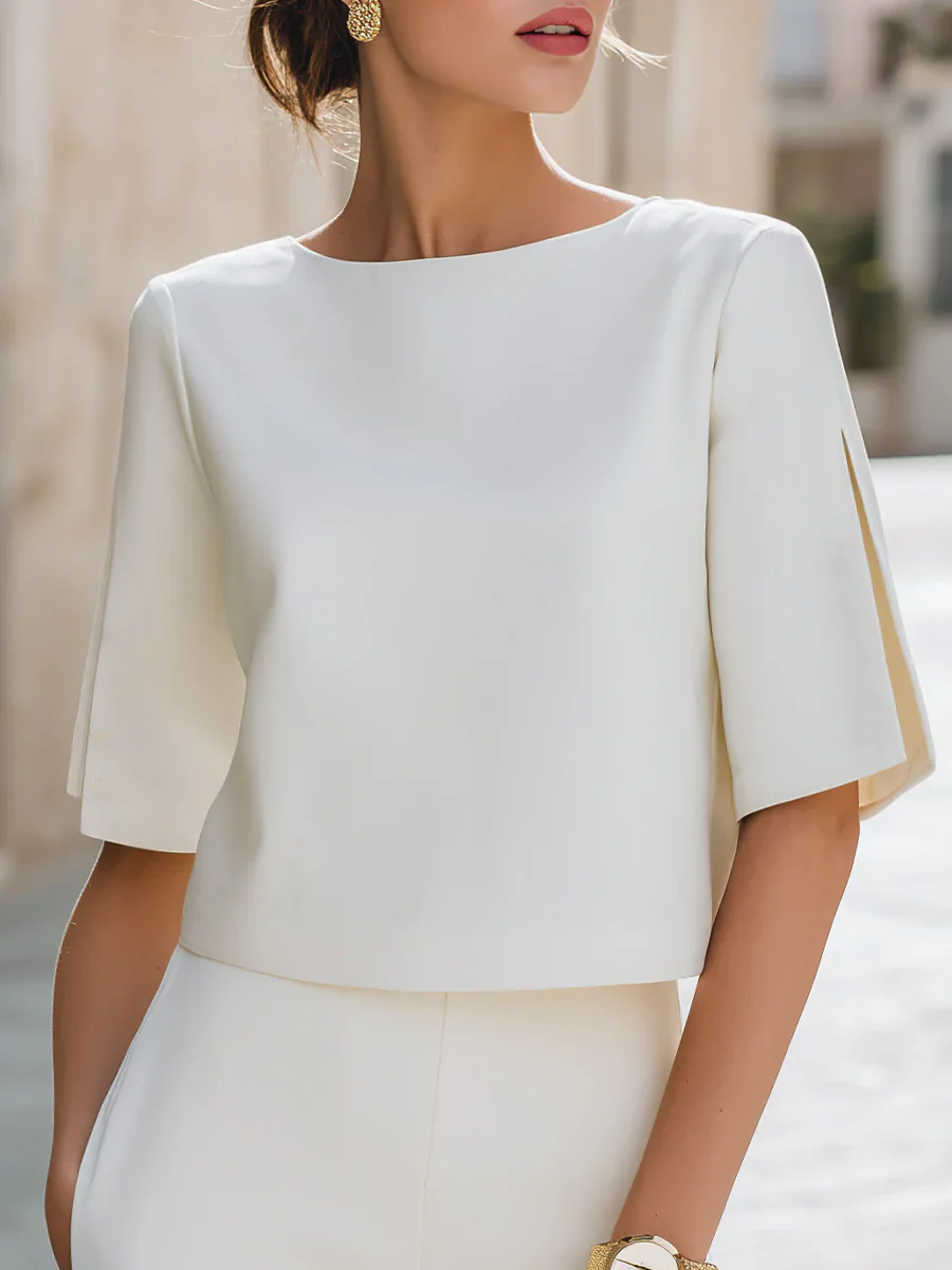Women's Short Sleeve Split Sleeve Blouse Round Neck Top Elegant Office Wear Casual Summer Fashion Shirt