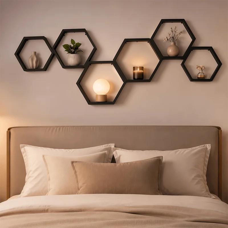 Hexagonal Floating Wall Shelves Set of 3, Black Geometric Wall Mounted Storage Shelves, Wooden Display Shelves for Living Room Bedroom and Home Decor