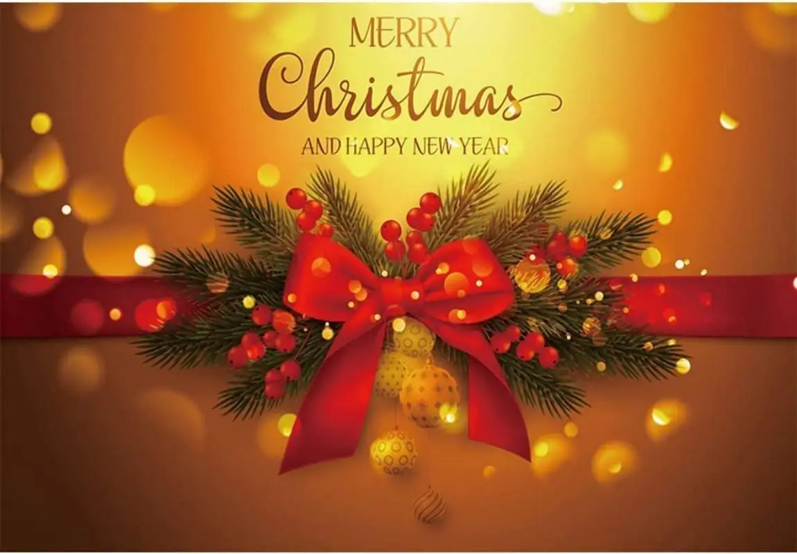 Christmas Backdrop Happy New Year Photoshoot Gold Bokeh Gradient Photography Background Red Bow Xmas Party Banner Decoration