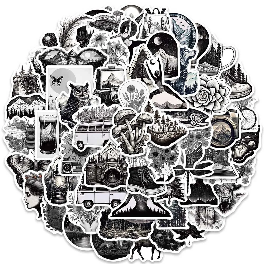 10/60PCS Black White Gothic Outdoor Landscape Stickers Aesthetic DIY Luggage Bike Skateboard Graffiti Girl Gradient Sticker Toy