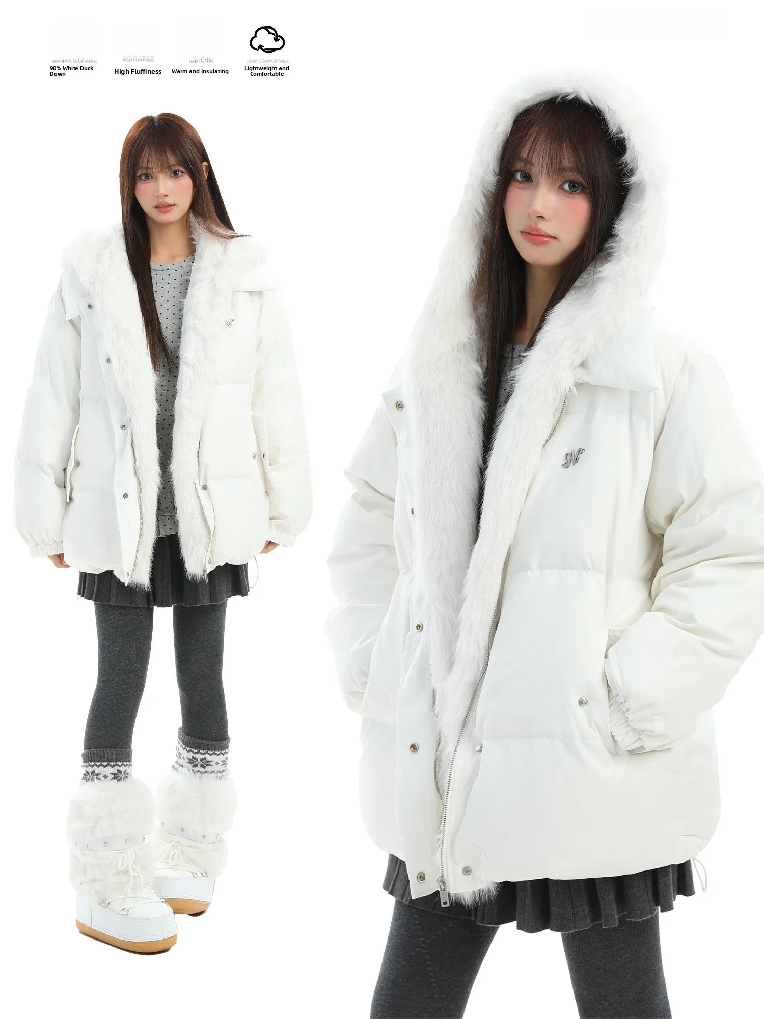 

Женская белая пуховая парка с капюшоном, теплая зимняя куртка из хлопка PTGINKIN90, повседневная утепленная модель с длинными рукавами на молнии