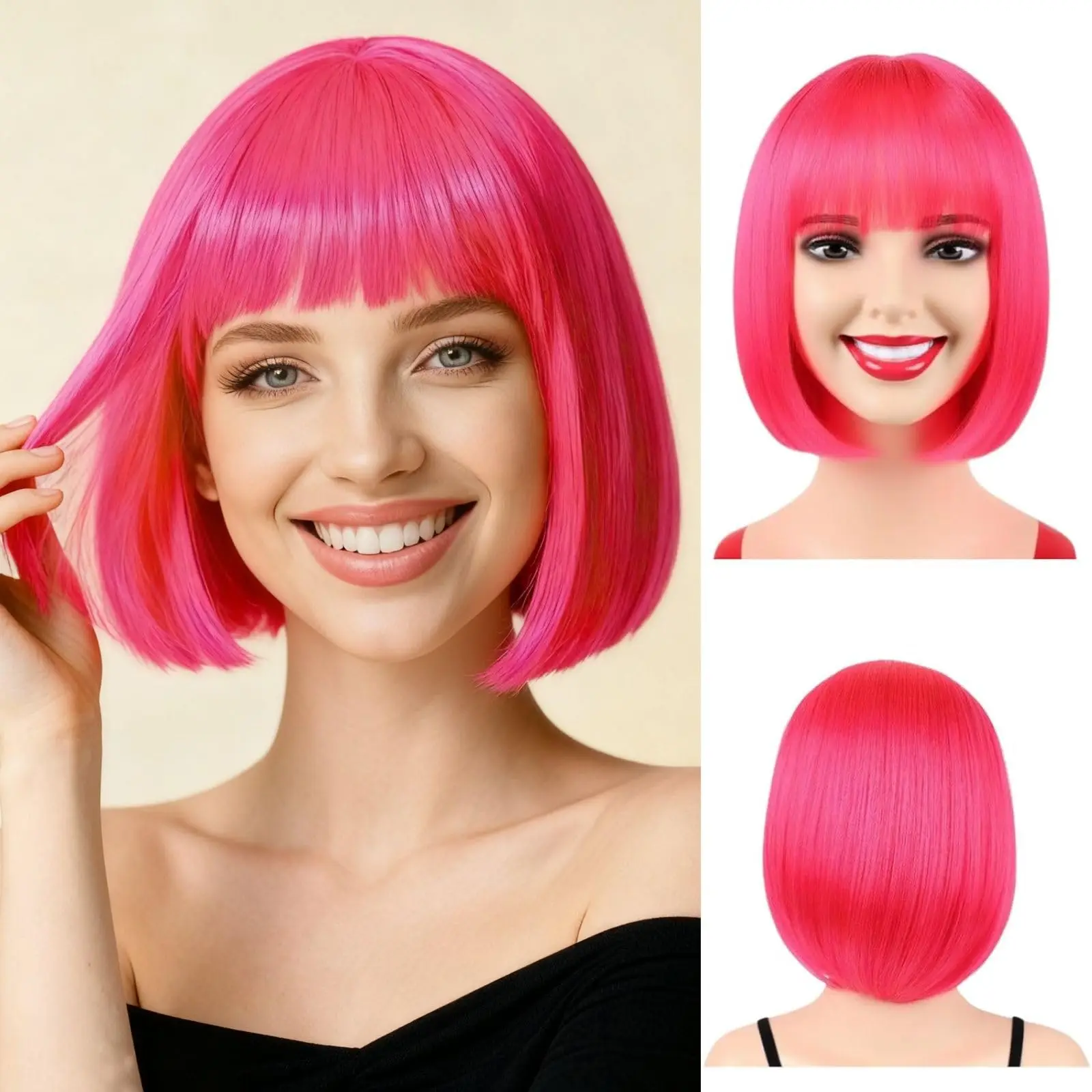 Pink Rose Bob Hairstyle Synthetic Wig for Halloween Cosplay Wig for Daily Use Hot-Temperature Hair Accessory Wig Set