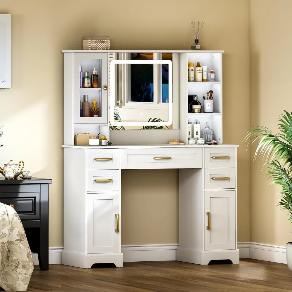 مكتب مكياج مع مرآة وأضواء - طاولة زينة بيضاء مع 5 أدراج تخزين و3 خزائن، طاولة تزيين خشبية مقاس 55.2 بوصة ارتفاعًا