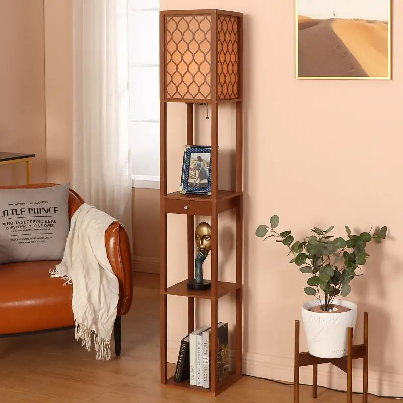 

Modern New Chinese Minimalist Wood Standing Lamp with Storage Shelf Multi Scene LED Floor Light for Living Room Bedroom Study