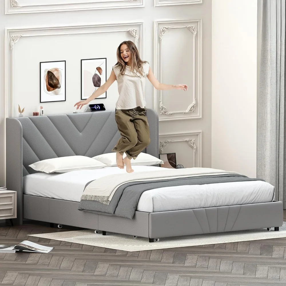 إطار سرير معدني بحجم كينج مع لوح رأسي منجد وأدراج تخزين ومنافذ USB ونوع C، لا حاجة إلى صندوق زنبركي #4