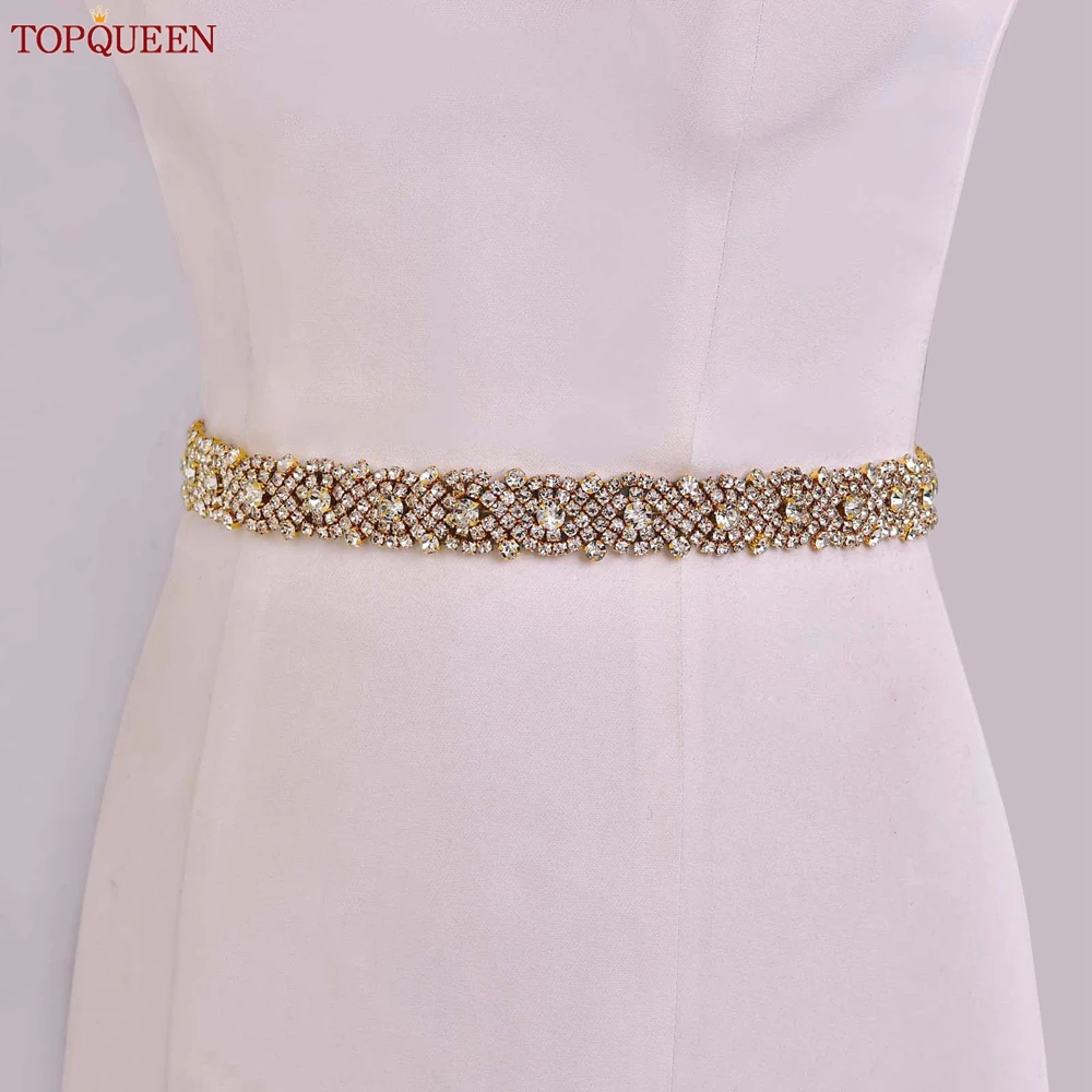 TOPQUEEN-Cinturón de boda de S28B-G para mujer, accesorios de vestido de noche con diamantes de imitación dorados, banda personalizada, venta al por mayor