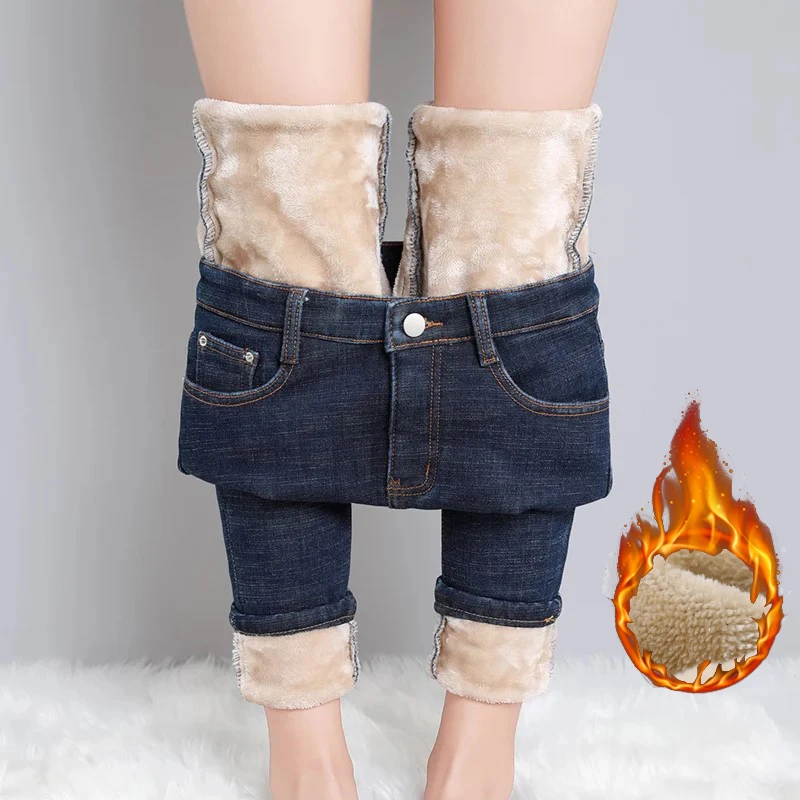 

2025 модные женские эластичные брюки-карандаш с высокой талией, повседневные женские бархатные джинсы, высококачественные флисовые джинсы для мам, толстые плюшевые брюки