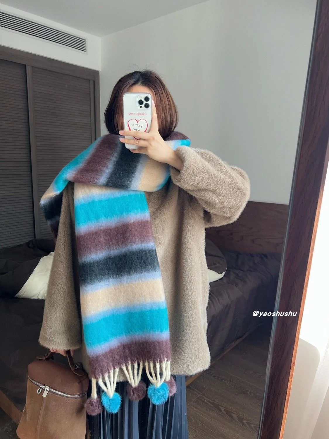 Women's Rainbow Fuzzy Scarf Plush Striped Infinity Wrap with Pom-pom Tassels Thermal Shawl for Autumn Winter Dopamine Color