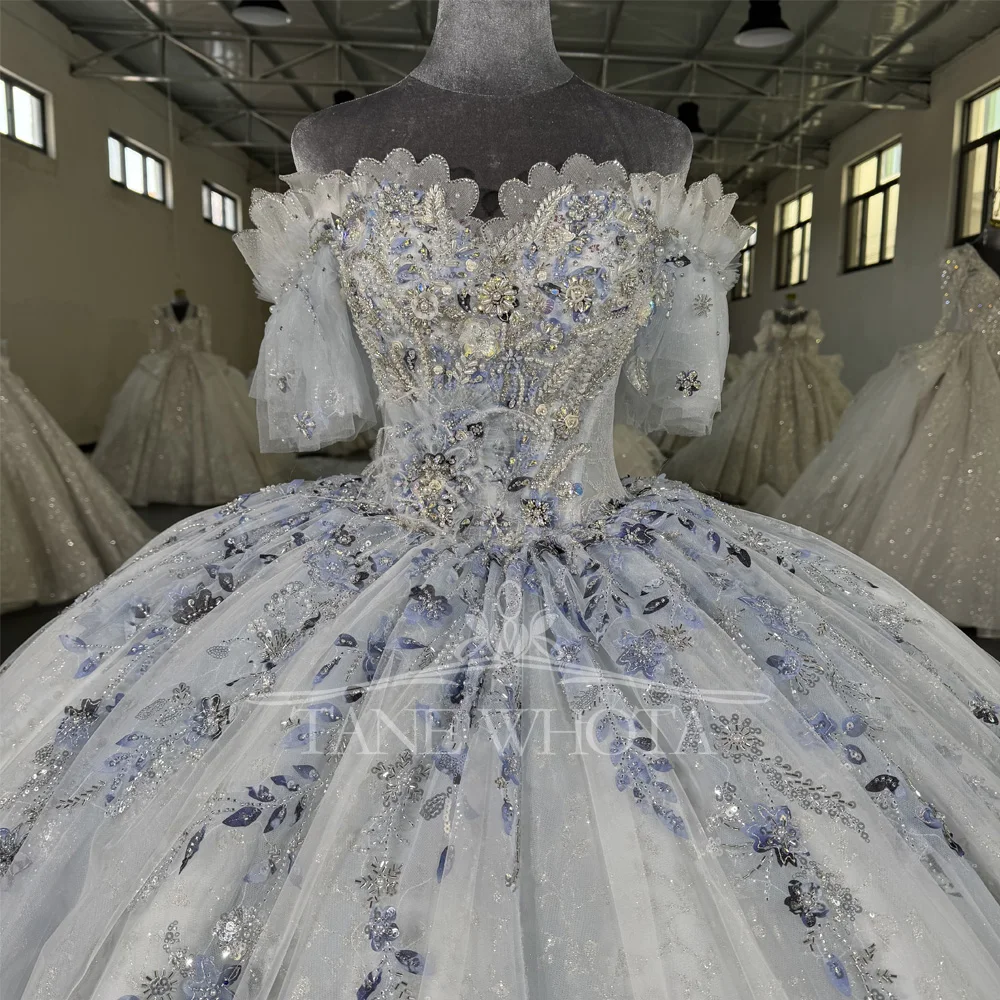 

Vestido De Noiva 2026 Off The Shoulder Lace Up Back Wedding Dress Beading Ball Gown Long Bridal Dress With Blue Lace