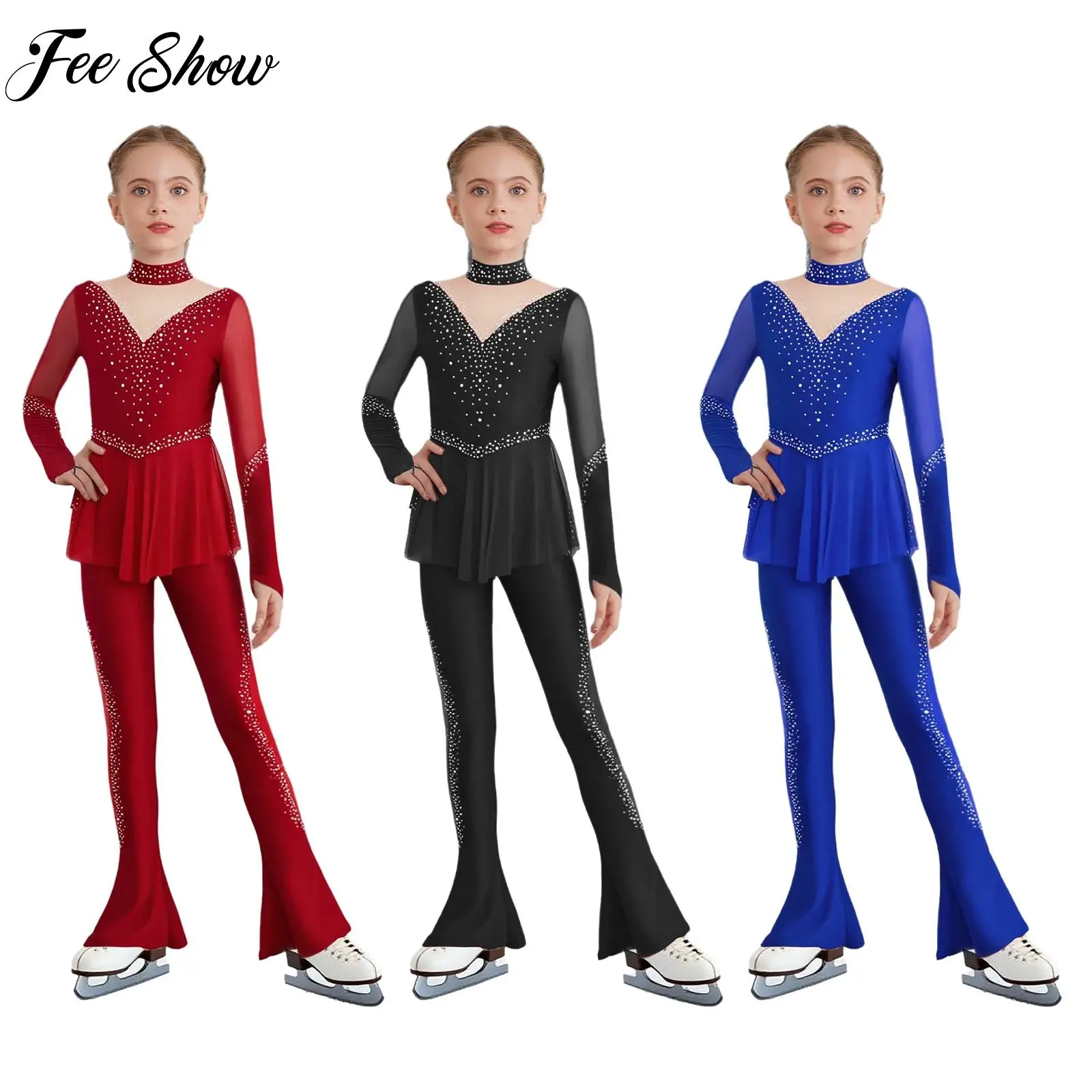 

Kids Girl Rhythmic Gymnastics Costume Figure Ice Skating Jumpsuit Long Sleeves Rhinestones Mesh Ballet Dance Performance Costume