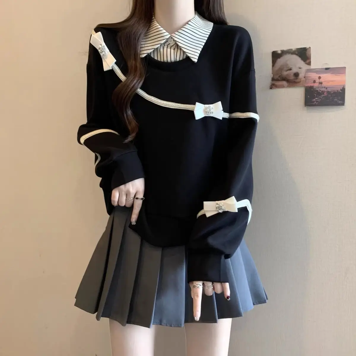 

Fake Two-piece Striped Shirt Collar Straight Shoulder Slim Sweatshirt for Women Autumn Winter Large Size Three-dimensional Bow