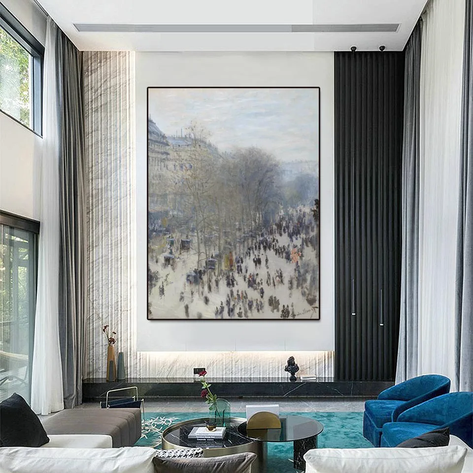 Claude Monet Boulevard of Capucines Painting - Handmade Cityscape Oil Canvas,Paris Street Scene Wall Art for Living Room Decor