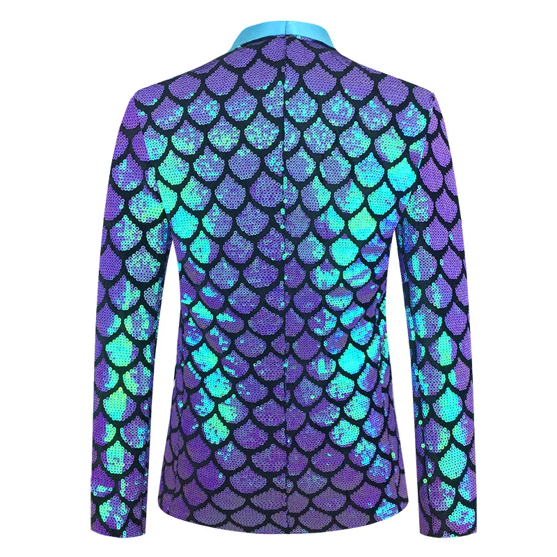 

Blue-purple Men's Long-sleeved Suit Jacket, Fish Scale-shaped Sequin-decorated Coat, Green, Pink, and Gold Blazers Available.