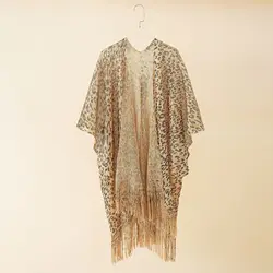 2022 Summer New Leopard Print Gold Wire Hollow Tassel Shawl Beach Sunscreen Sunshade Cardigan Lady Cloak Poncho Capes Khaki