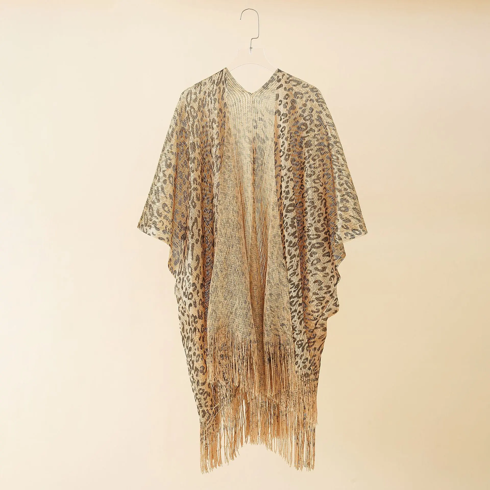 2022 Summer New Leopard Print Gold Wire Hollow Tassel Shawl Beach Sunscreen Sunshade Cardigan Lady Cloak Poncho Capes Khaki