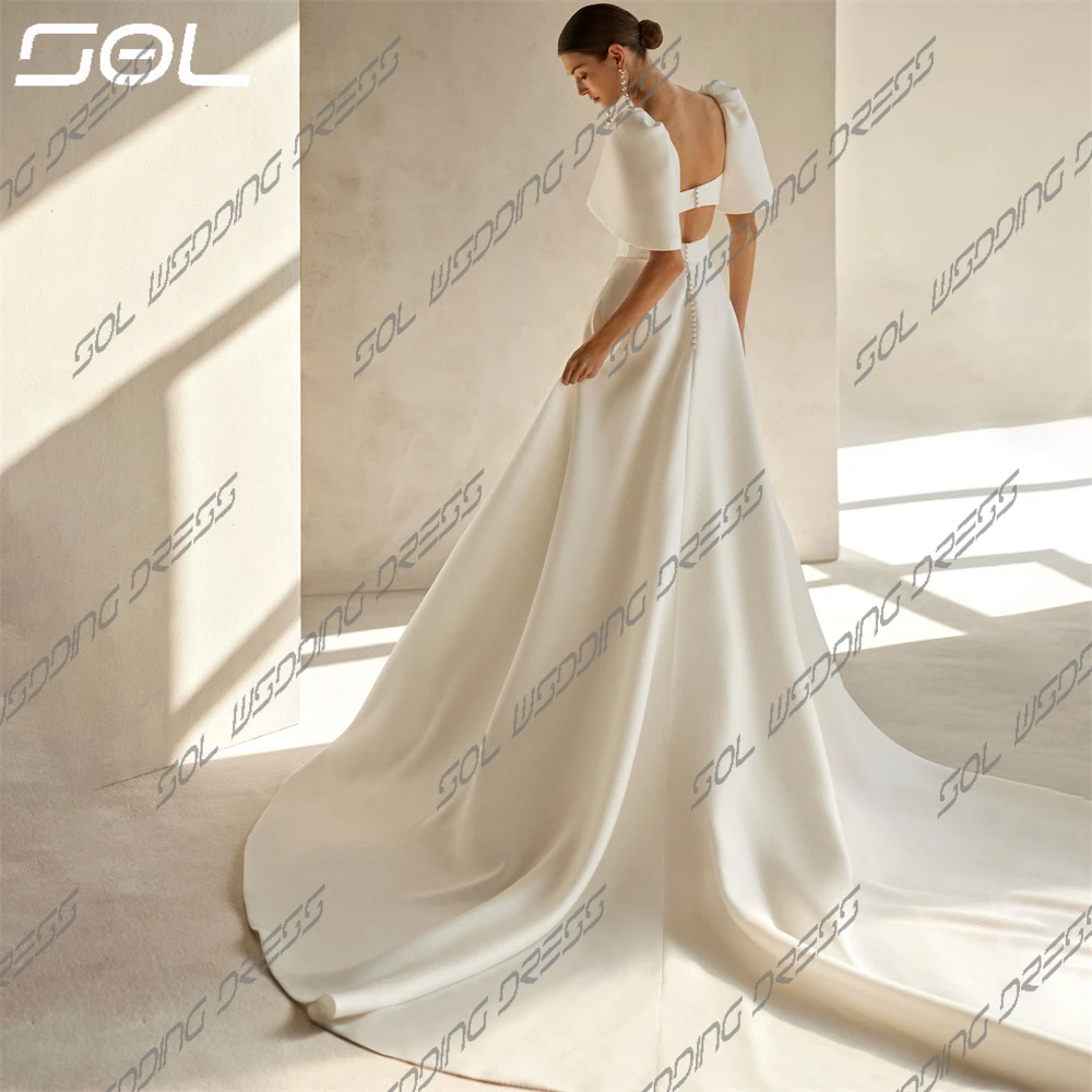 SOL Half Puff Sleeves Square Collar Side Slit Spandex Wedding Dress Simple Backless Sweep Train Bridal Gowns Sexy Custom Made