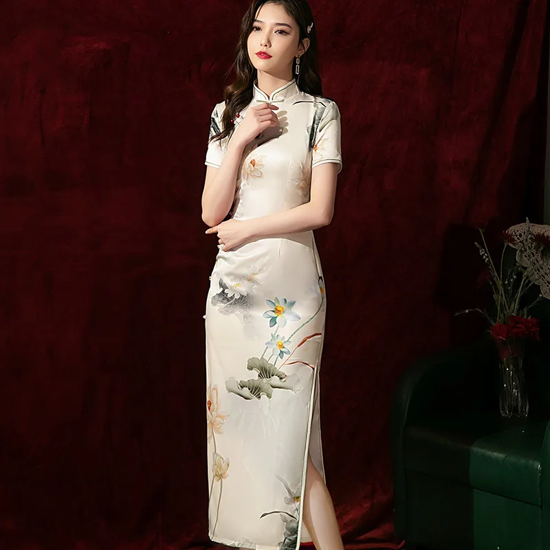 

Silk Cheongsam Short-sleeved Daily Dress Chinese Style Lotus Girl Improved Qipao Elegant Women's Dresses for Party 2022 Summer