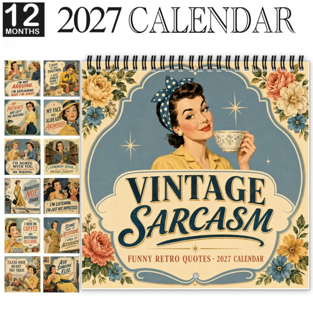 Spiral-Bound Retro Humor Monthly Planner with Women Coffee Jokes Thick for Retro Style Fans Christmas Present 2027 Desk Calendar