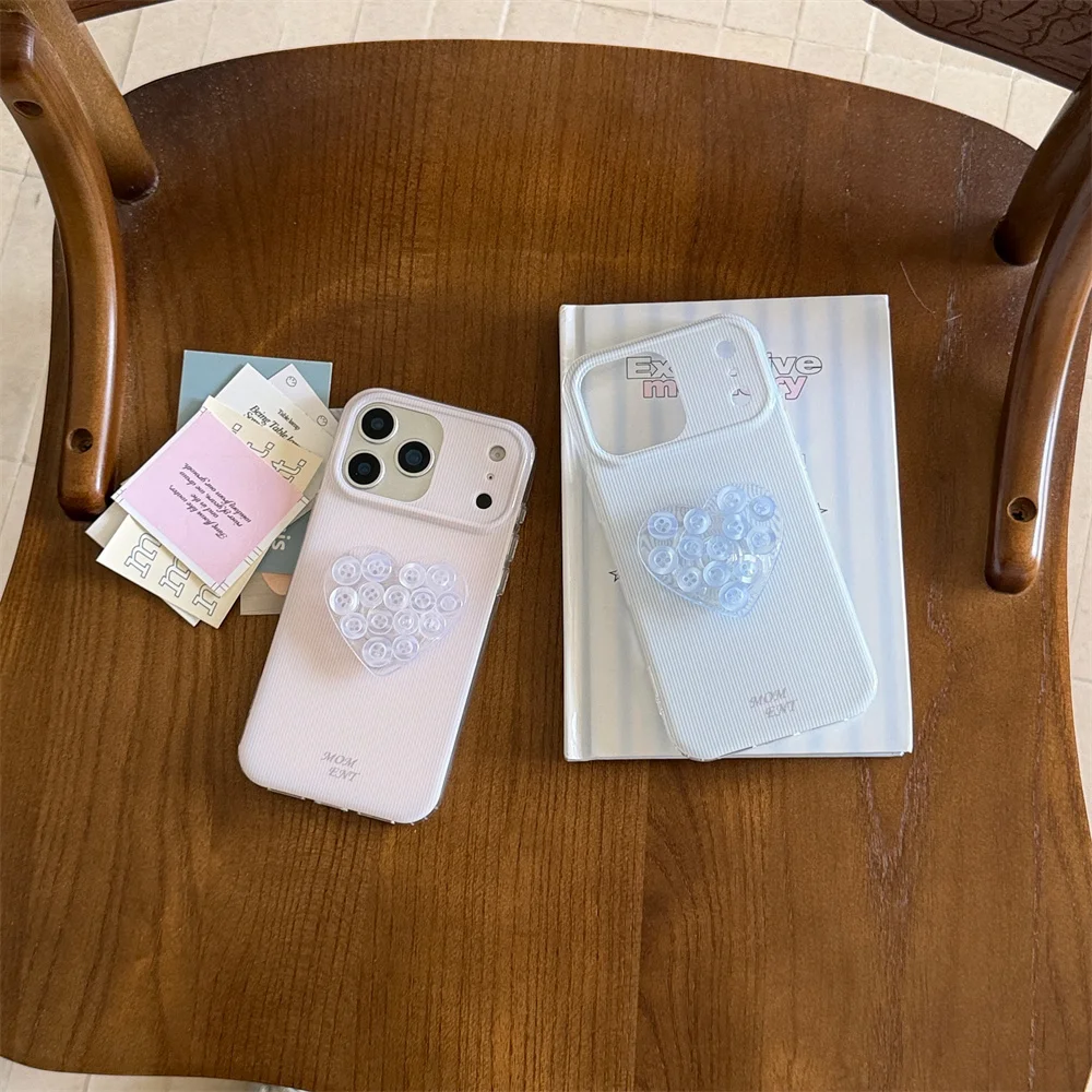 3D Heart Bubble Grip Stand Phone Case For iPhone 17 16 15 Pro Max Clear Pink White Shockproof Soft Protective Back Cover