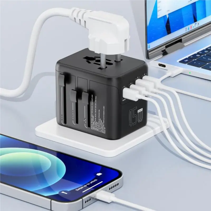 HRBAJ-Multi-Port Charging Station 45W Global Universal Travel Socket Featuring 2 USB-A 2 USB-C Port Self-Resetting Fuse