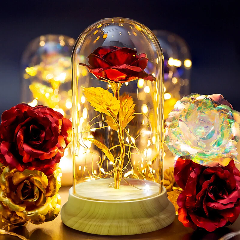 LED Flower Night Light Golden Rose Leaf Flower PVC Cover Lamp for Christmas Romantic Valentine\'s Mother\'s Day Birthday Gift