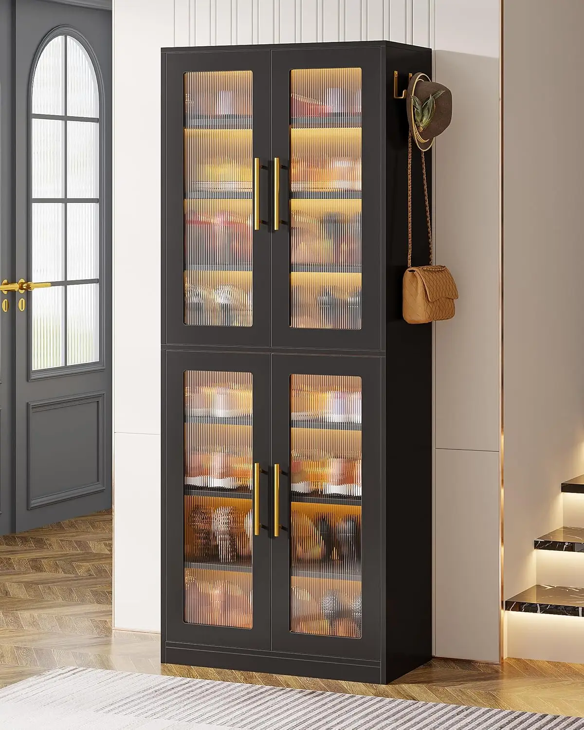 Tall Shoe Storage Cabinet with Acrylic Doors and LED Lights, 8-Tier Shoe Organizer Rack with Adjustable Shelves &, Customized