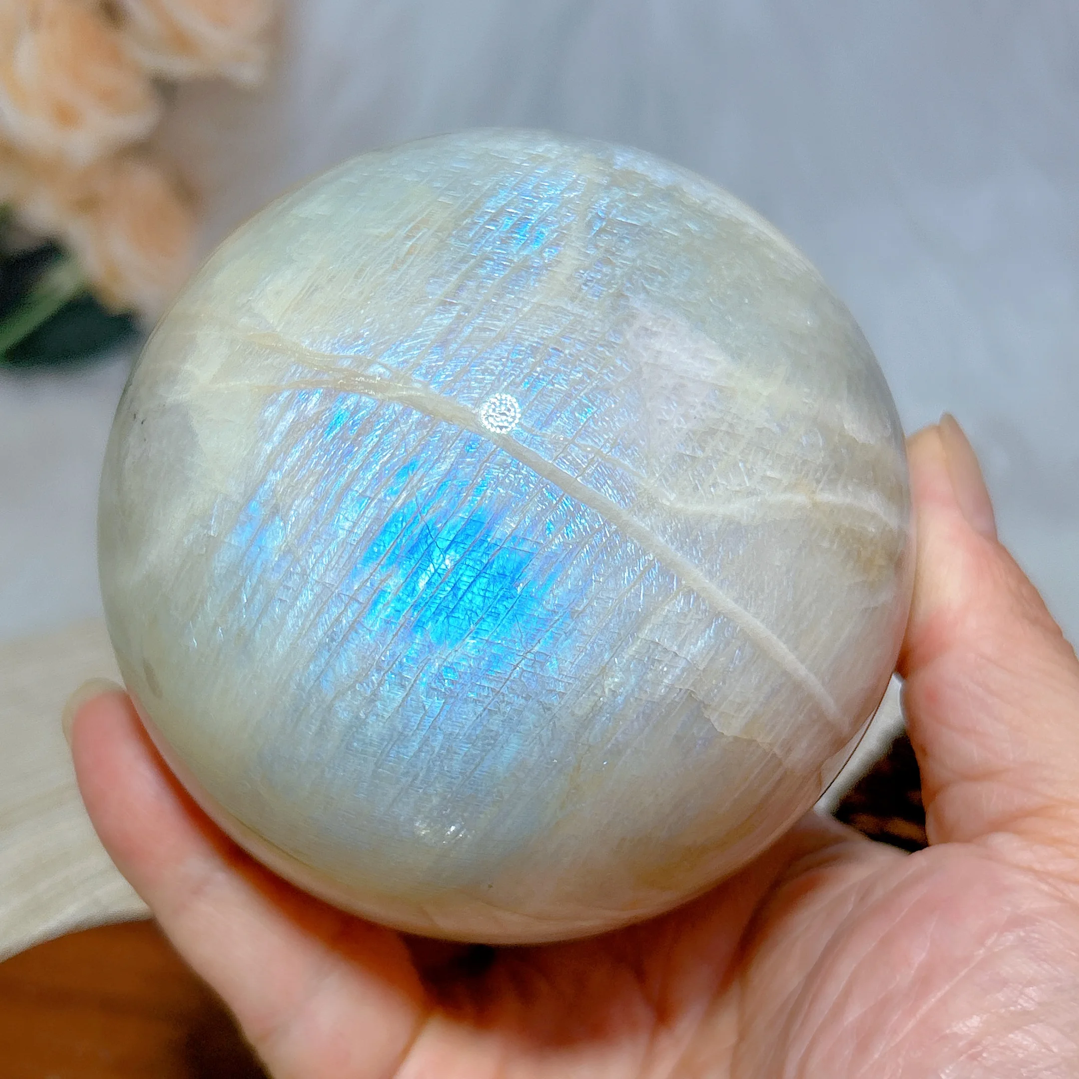 Healing Natural Crystals Blue Flashy Moonstone Big Sphere Polished Ball Reiki Witchcraft Scintillating Room Decor Energy Gift