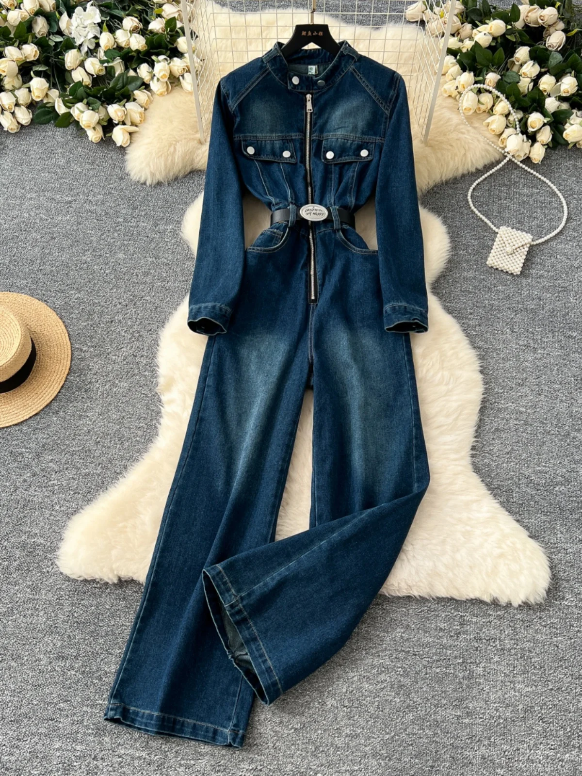 ريترو هونج كونج Sle عالية الخصر قطعة واحدة الجينز المرأة الخريف التخسيس مستقيم الساق عادية سستة عالية طوق Rer #1